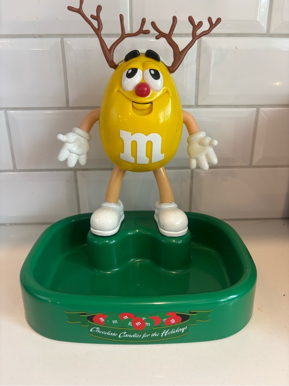 M&M'S Yellow Reindeer Candy Dispenser with Green Base vintage